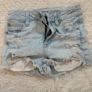 American Eagle Outfitters Blue Distressed Jean Shorts Pocket Design